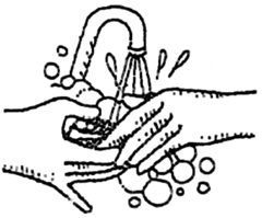 kleine Zeichnung von Händen, die sich unter laufendem Wasser mit Seife waschen