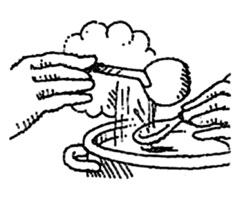 kleine Zeichnung von einer Schöpfkelle, mit der gerade eine Speiseprobe in einen Probierlöffel umfüllt wird